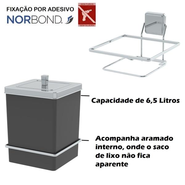 Imagem de Kit Porta Papel Higiênico Toalheiro 25cm Lixeira 6,5L Com Suporte Adesivo Preto Cromado - Future