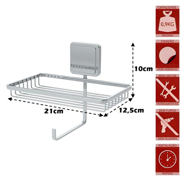 Imagem de Kit Porta Papel Higiênico Toalheiro 45cm Gancho Lixeira 6,5L Com Suporte Adesivo Branco Cromado - Future