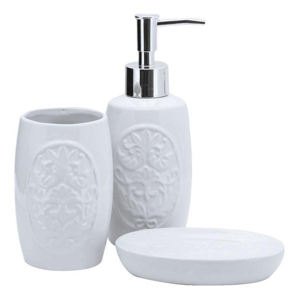 Imagem de Kit Porta Sabonete Líquido Porcelana Barroco Branco 3 Peças - Yazi