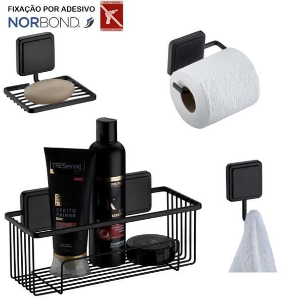 Imagem de Kit Porta Shampoo Saboneteira Suporte Papel Higiênico Gancho Banheiro Adesivo Dupla Face Preto Fosco - Future