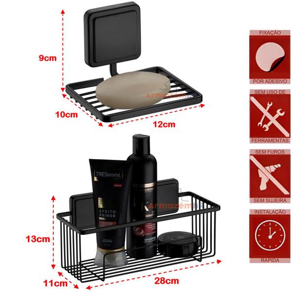 Imagem de Kit Porta Shampoo Saboneteira Suporte Papel Higiênico Gancho Banheiro Adesivo Dupla Face Preto Fosco - Future