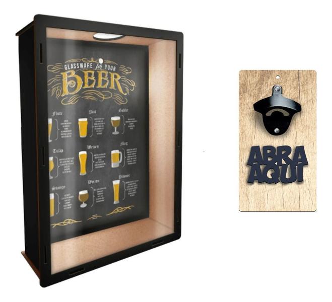 Imagem de Kit Porta Tampinhas + Abridor Cerveja Parede Decoração Mdf