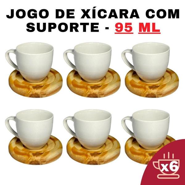 Imagem de Kit Porta Xícara Redondo Com Xícara Em Porcelana Branca 95Ml