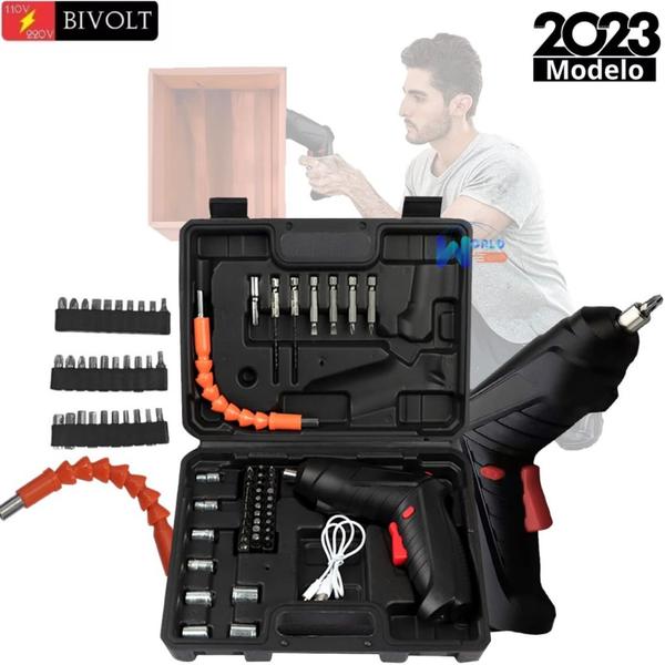 Imagem de Kit Portátil de Parafusadeira e Furadeira Recarregável Bivolt - 48 Peças