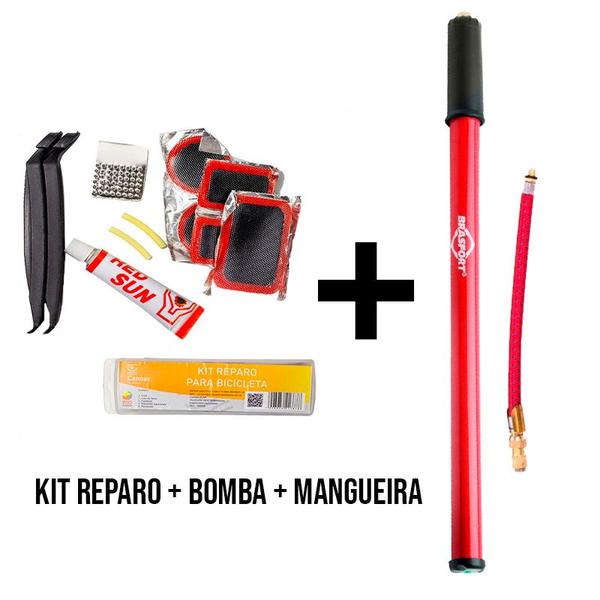 Imagem de Kit Portatil Reparo De Bicicletas + Bomba 40cm + Mangueira