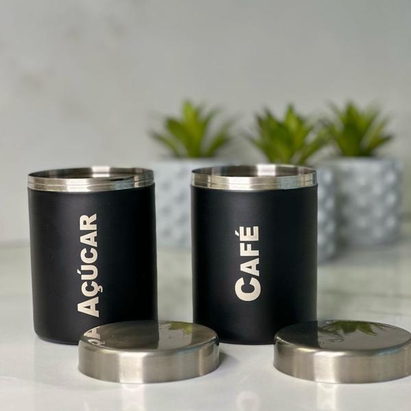 Imagem de Kit pote de açúcar e café 9 cm inox preto organizador para cozinha