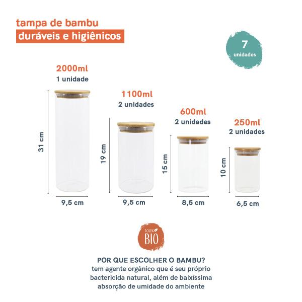 Imagem de Kit Pote de Mantimento 2000/1100/600/250ml Tampa Bambu 7pçs Oikos