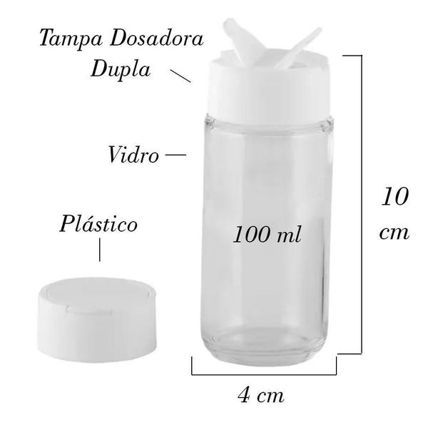 Imagem de Kit Pote de Tempero e Condimentos de Vidro com Tampa Dosadora - Potes de Vidro 100ml Tampa Branca - Frascos - Jogo