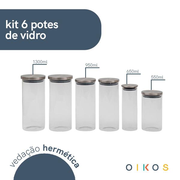 Imagem de Kit pote de vidro com tampa de inox redondo 6 pçs - Oikos