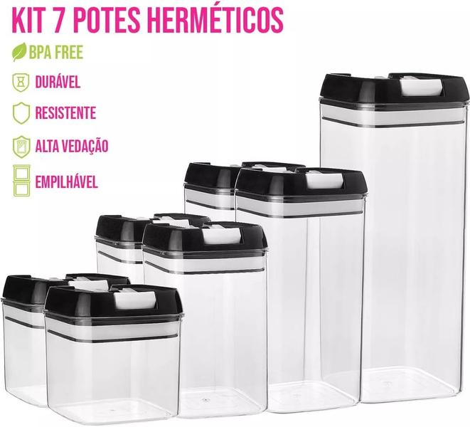 Imagem de Kit Pote Hermético 7 Peças Porta Mantimentos p/Alimentos Cozinha Empilháveis Multiuso Quadrados