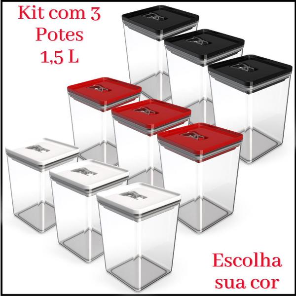 Imagem de Kit Pote Mantimento Hermético 3 Peças 1,5L Organizador Cozinha Dispensa Acrílico Tampa TravaQuadrado