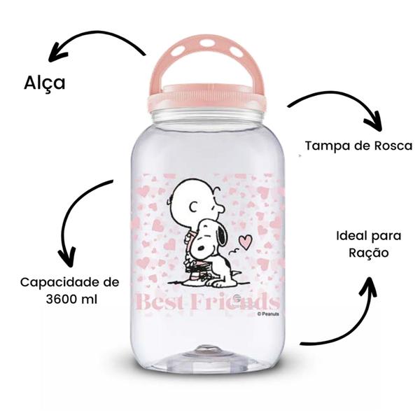 Imagem de kit Pote Porta Ração Armazenador 3,6L Snoopy Best Friends Porta Guarda Ração Com Alça Gato Cachorro