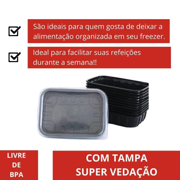 Imagem de Kit Pote Preto 120un 1000ml 1l Descartável Marmita Freezer Microondas Fitness Retangular C/ Tampa