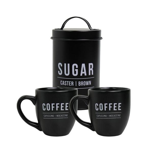 Imagem de Kit Pote Preto Lata Sugar + 2 Canecas Pretas Café Da Manhã Família