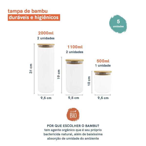 Imagem de Kit Potes De Mantimentos 2000/1100/500Ml Tampa Bambu - 5Pçs