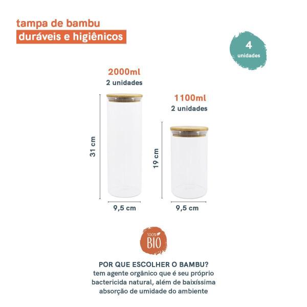 Imagem de Kit Potes De Mantimentos 2000/1100Ml Tampa Bambu - 4Pçs O