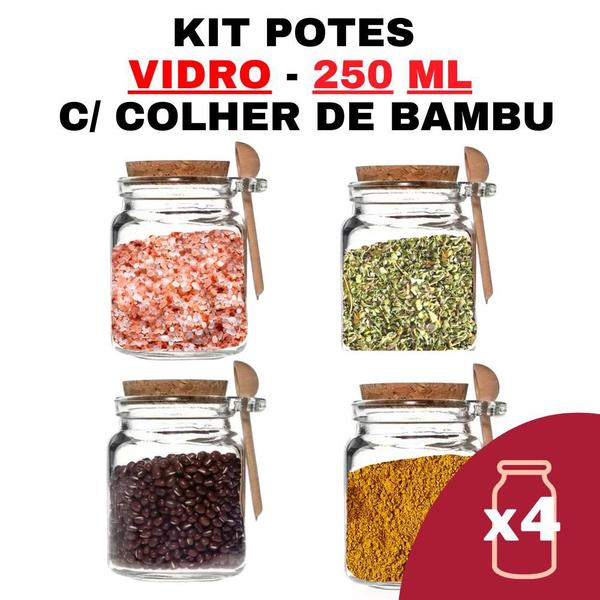 Imagem de Kit Potes de Temperos Condimentos De Vidro Com Colher em Bambu Para Cozinha 250ml -  Pote de Tempero - Frasco de Tempero