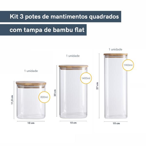 Imagem de Kit Potes Hermeticos Vidro Quad Flat 1900/1400/800ml - 3 pçs Oikos