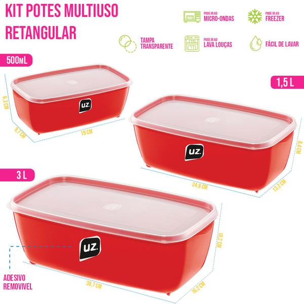 Imagem de Kit Potes Multiuso 500mL 1,5L 3L Retangular Organização e praticidade para sua cozinha Micro-ondas Freezer