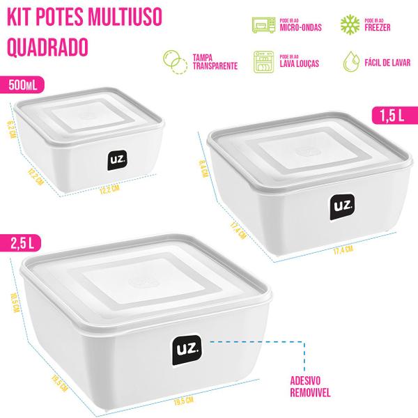 Imagem de Kit Potes Multiuso Quadrado 0,5L, 1,5L, 2,5L Organização Plástico PP resistente Tampa transparente Micro-ondas Freezer