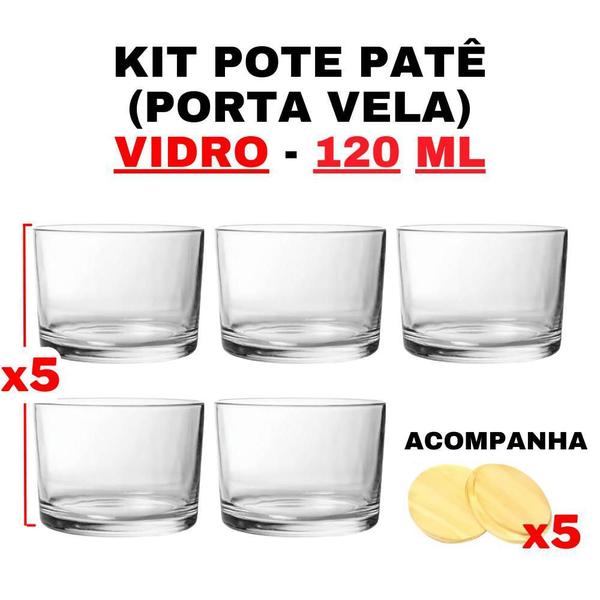 Imagem de Kit potes vidro transparente patê tampa 120ml - 5 unidades