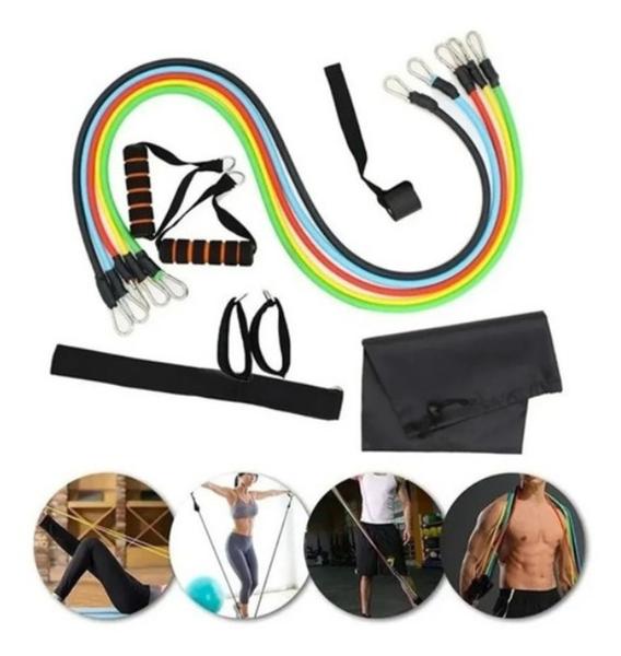 Imagem de Kit Power Tube Elástico Musculação pilates yoga fitness 11 Itens Funcional