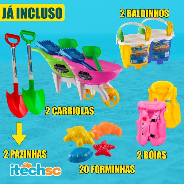 Imagem de Kit Praia 2 Carriolas + 2 Baldinhos + 2 Pás + 2 Coletes Boia