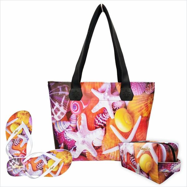 Imagem de Kit Praia Feminino Estrelas-do-Mar com Bolsa, Necessaire e Chinelo, Magicc