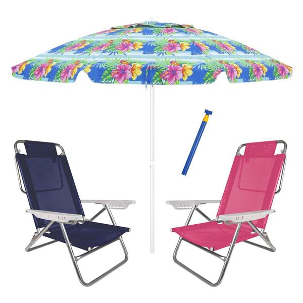 Imagem de Kit Praia Guarda Sol Alumínio 2,4M Floral 2 Cadeira Reclinável Summer 6 Pos Azul Rosa Saca Areia Pressão - Belfix