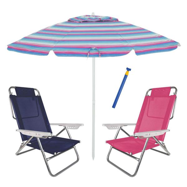 Imagem de Kit Praia Guarda Sol Alumínio 2,4M Rosa 2 Cadeira Reclinável Summer 6 Pos Azul Rosa Saca Areia Pressão - Belfix