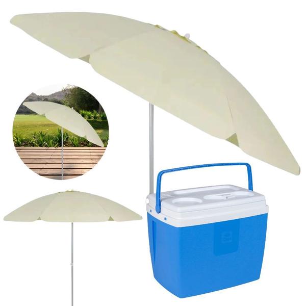 Imagem de Kit Praia Guarda Sol Bagum Bege Articulado 2 M + Cooler Azul 19 L  Bel 