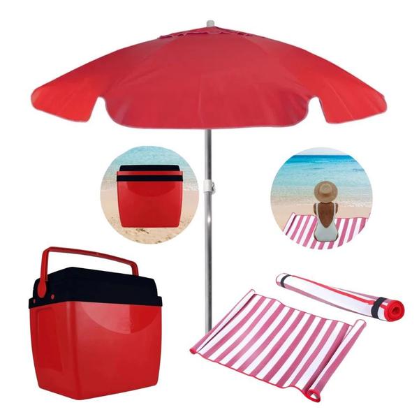 Imagem de Kit Praia Vermelho e Preto Cooler 26 L + Esteira Vermelha + Guarda Sol 1,60 M