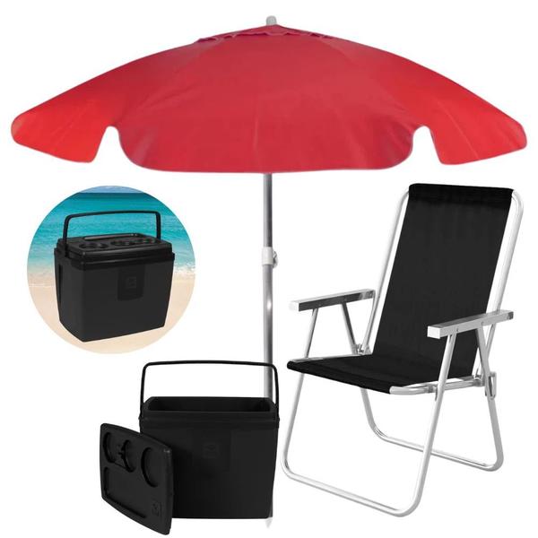 Imagem de Kit Praia Vermelho e Preto Guarda Sol 1,60 M + Cooler 19 L + Cadeira Sannet