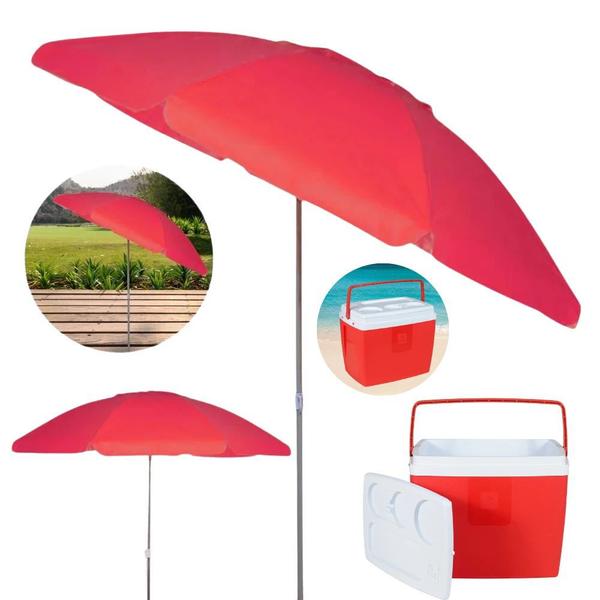 Imagem de Kit Praia Vermelho Guarda Sol Bagum Articulado 2 M + Caixa Termica Cooler 19 L  Bel 