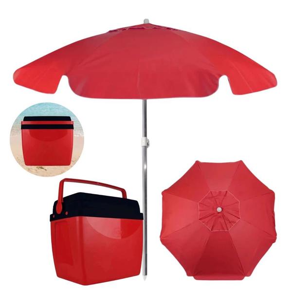 Imagem de Kit Praia Vermelho / Preto com Guarda Sol 1,60 M + Cooler 34 Litros