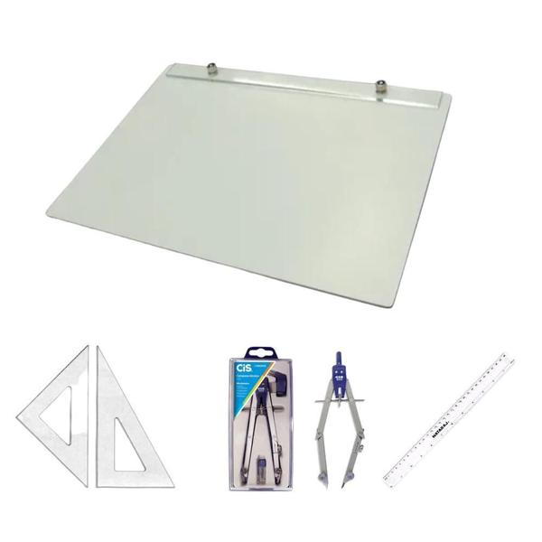 Imagem de Kit Prancheta A4 Formica Par Esquadro 26 Cm Compasso Cis 303