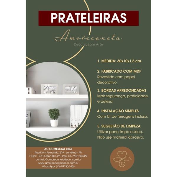 Imagem de Kit Prateleiras decorativas 100% MDF 30x10x1,5cm + Suporte de instalação resistente