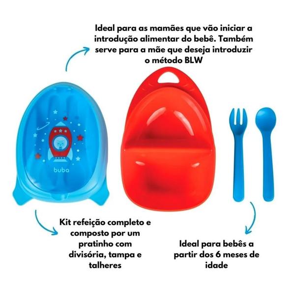 Imagem de Kit Pratinho com Divisórias Talher e Garrafa de Foguete Azul Papinha Bebês