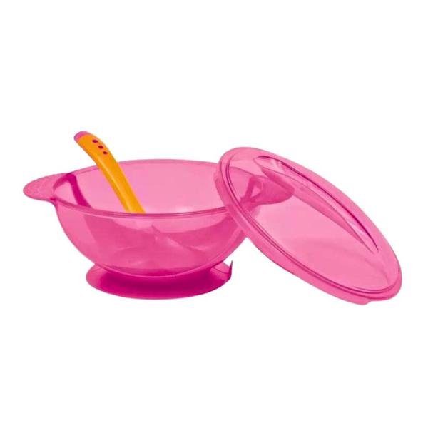 Imagem de Kit Prato Bowl Com Tampa E Colher Rosa Para Bebê 400ml 5230 - Buba