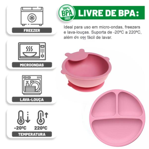 Imagem de Kit Prato Divisória + Tigela para Bebê de Silicone Com Ventosa