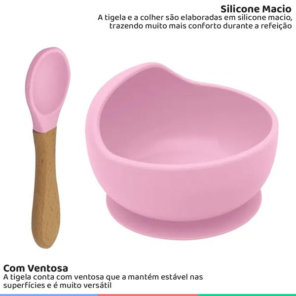 Imagem de Kit Prato Infantil Bowl Fundo Com Ventosa e Colher de Silicone e Bambu Rosa Kababy