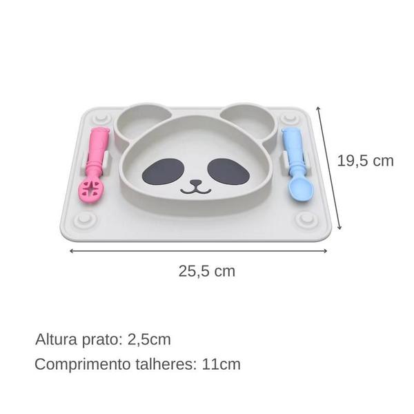 Imagem de Kit Prato Refeição Infantil Bebê Talheres Panda Divisorias Ventosas Silicone 29x19cm BPA Free