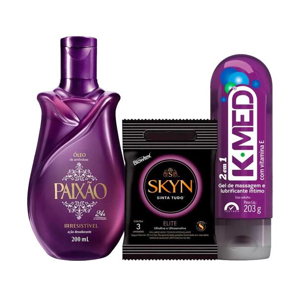 Imagem de Kit Prazer Paixão Óleo Corporal de Amêndoas Irresistível 200ml + K-Med 2 em 1 Gel lubrificante Íntimo 200g + Preservativo Blowtex Skyn com 3 Unidades.