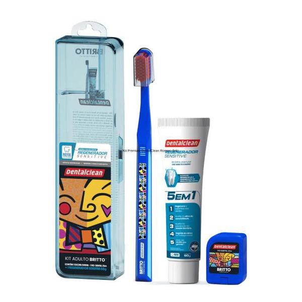 Imagem de Kit Premium DentalClean Romero Britto Creme Escova Fio Estojo - Azul