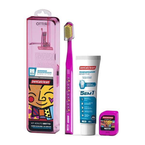 Imagem de Kit Premium DentalClean Romero Britto Creme Escova Fio Estojo - Rosa