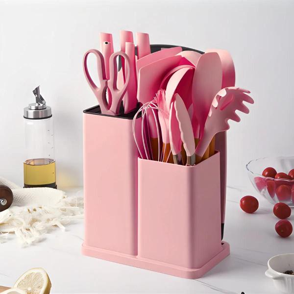 Imagem de Kit Premium Utensílios de Cozinha Jogo Completo 19 Un Rosa