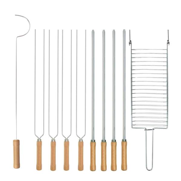 Imagem de Kit Preparo Churrasco 10pcs Churrasqueira Grelha e Espetos 55cm Simples e Duplo Cabo Madeira