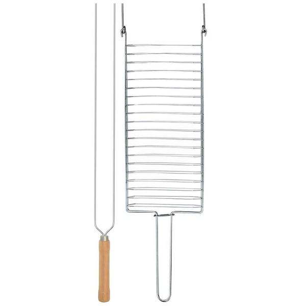 Imagem de Kit Preparo Churrasco 2pcs Churrasqueira Grelha e Espeto Duplo 55cm Cabo Madeira