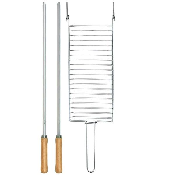 Imagem de Kit Preparo Churrasco 3Pcs Churrasqueira Grelha Espetos 55Cm