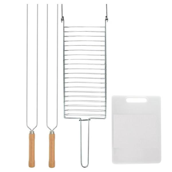 Imagem de Kit Preparo Churrasco 4pcs Churrasqueira Grelha e Espeto 55cm Duplo Tabua de Corte